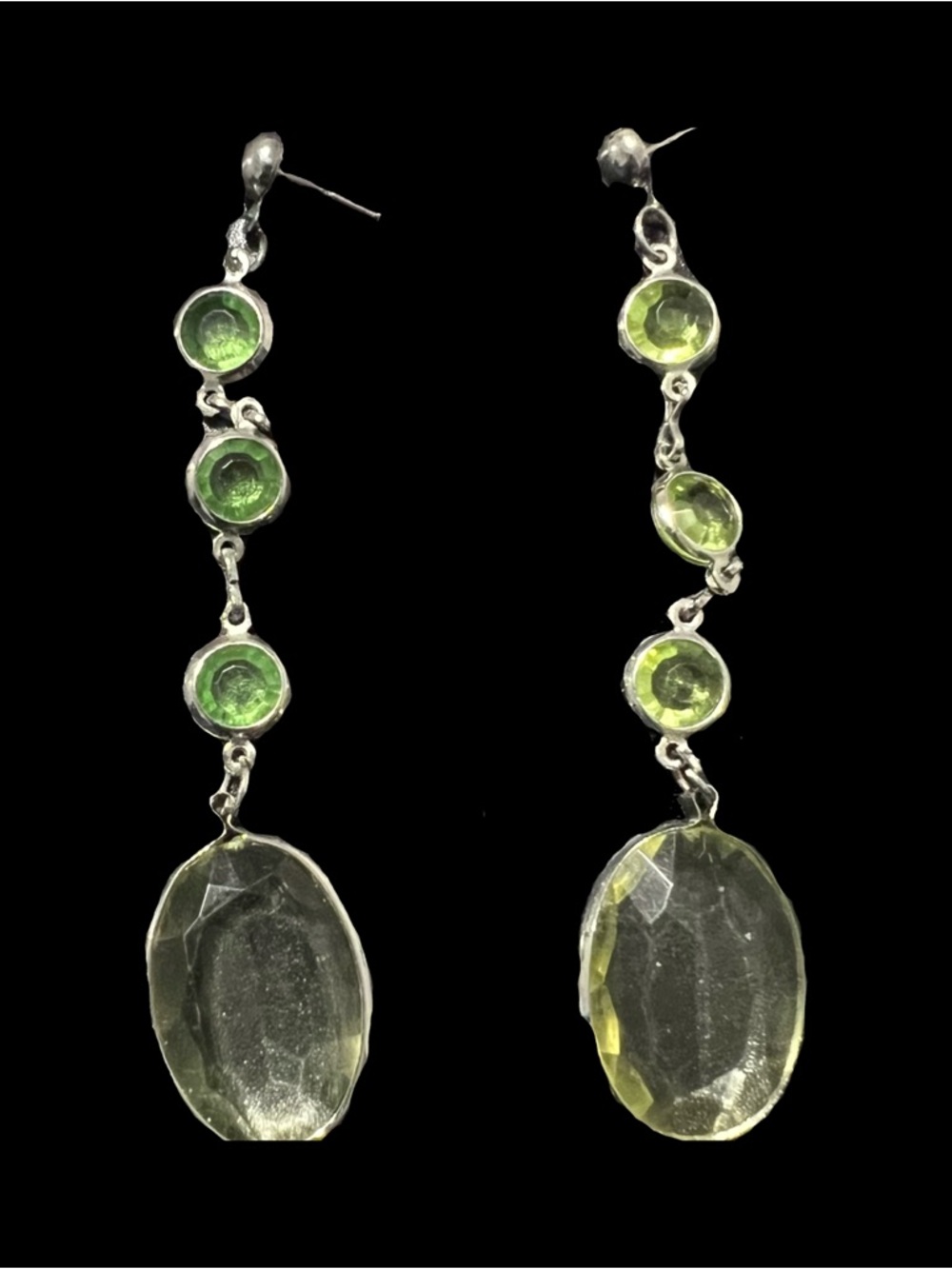 Green Linear Drop Earrings with Oval Faceted Stones - Women's Silver-Tone